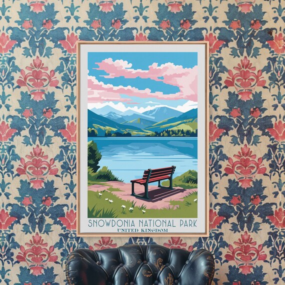 Snowdonia National Park Wales Lake View Lakeside Bench Pink Clouds Poster