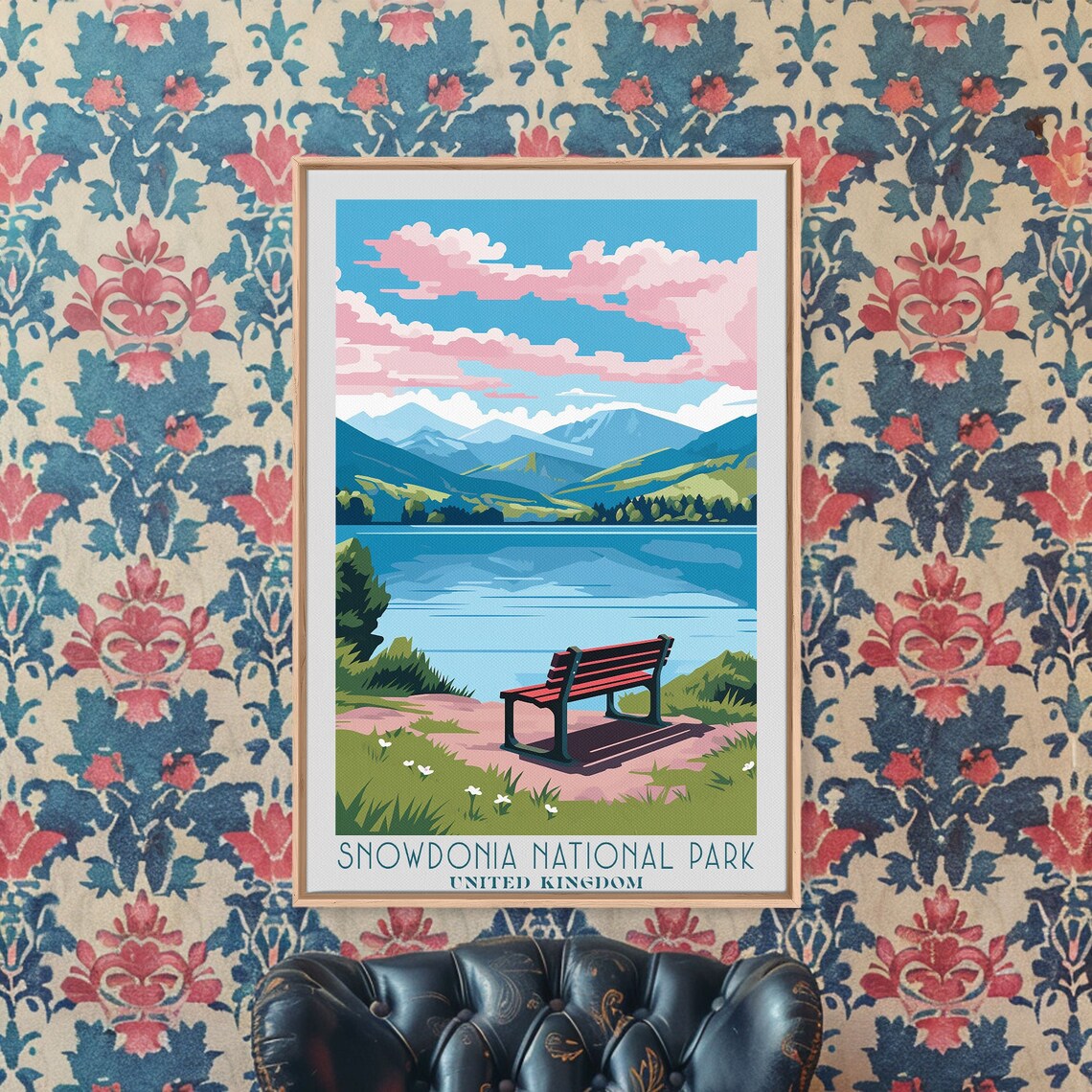 Snowdonia National Park Wales Lake View Lakeside Bench Pink Clouds Poster