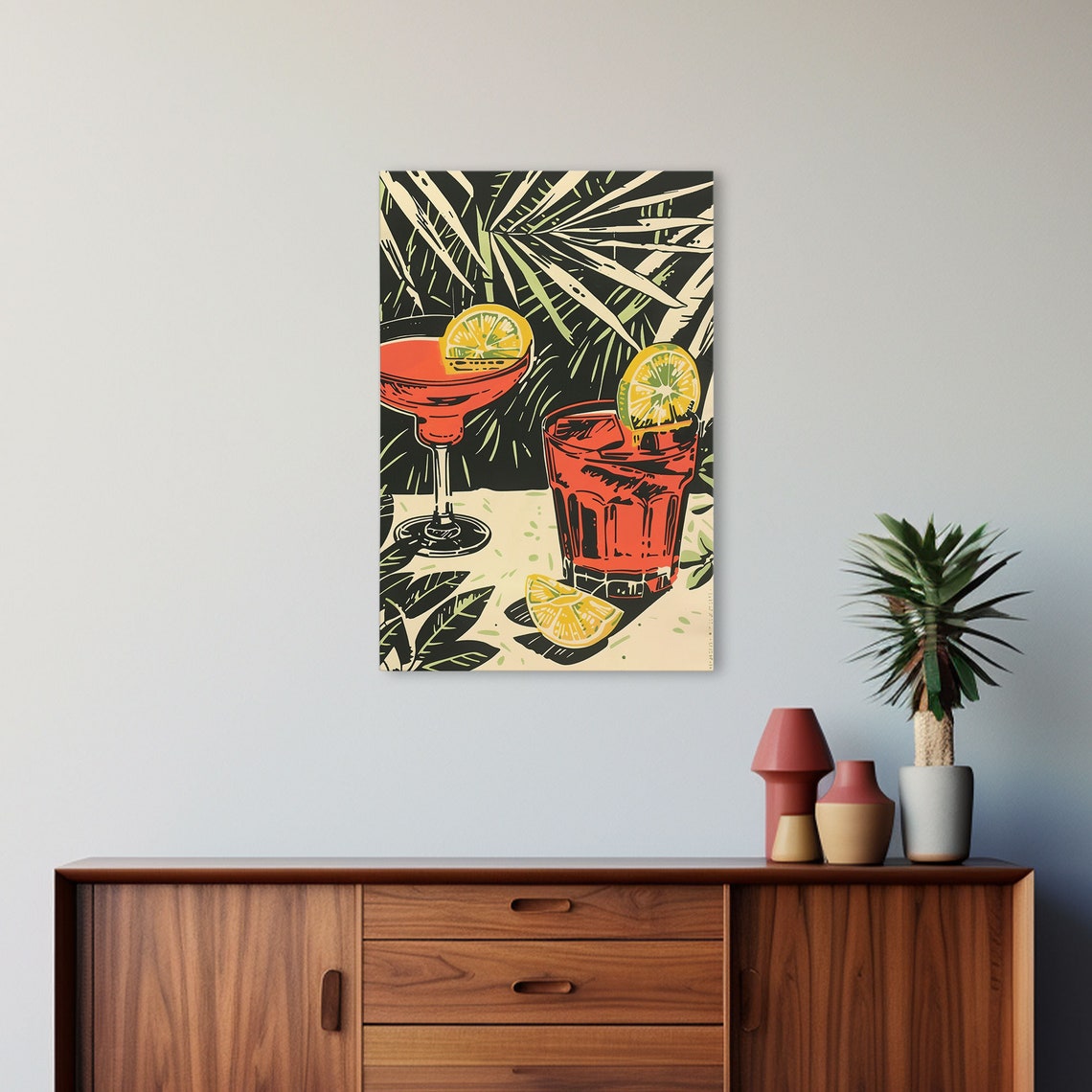 Retro Tropical Red Cocktails Palm Fronds Woodblock Style Bar Poster - Image 4