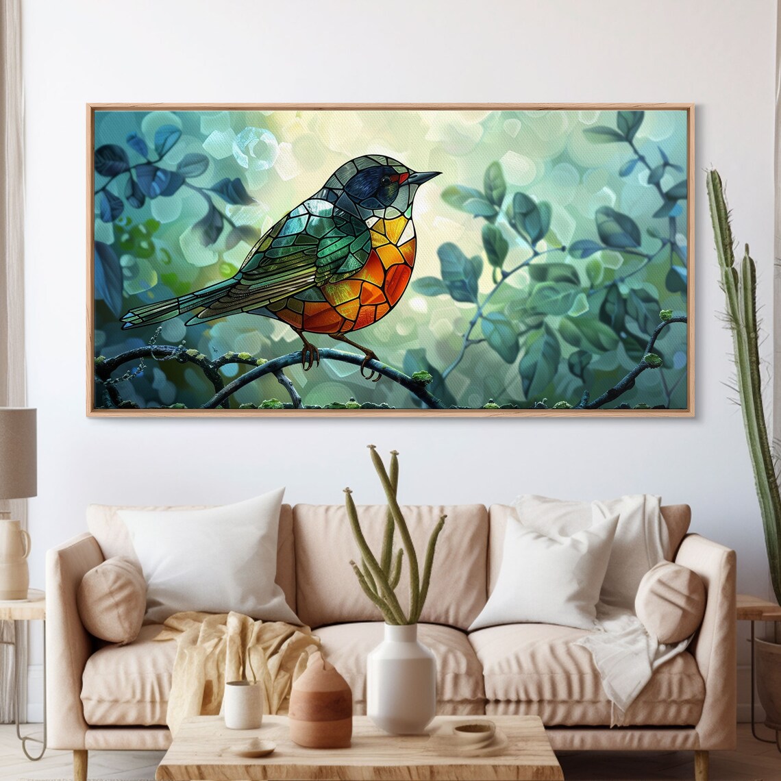 Stained Glass Songbird Teal Orange Perched Branch Spring Art Poster - Image 3