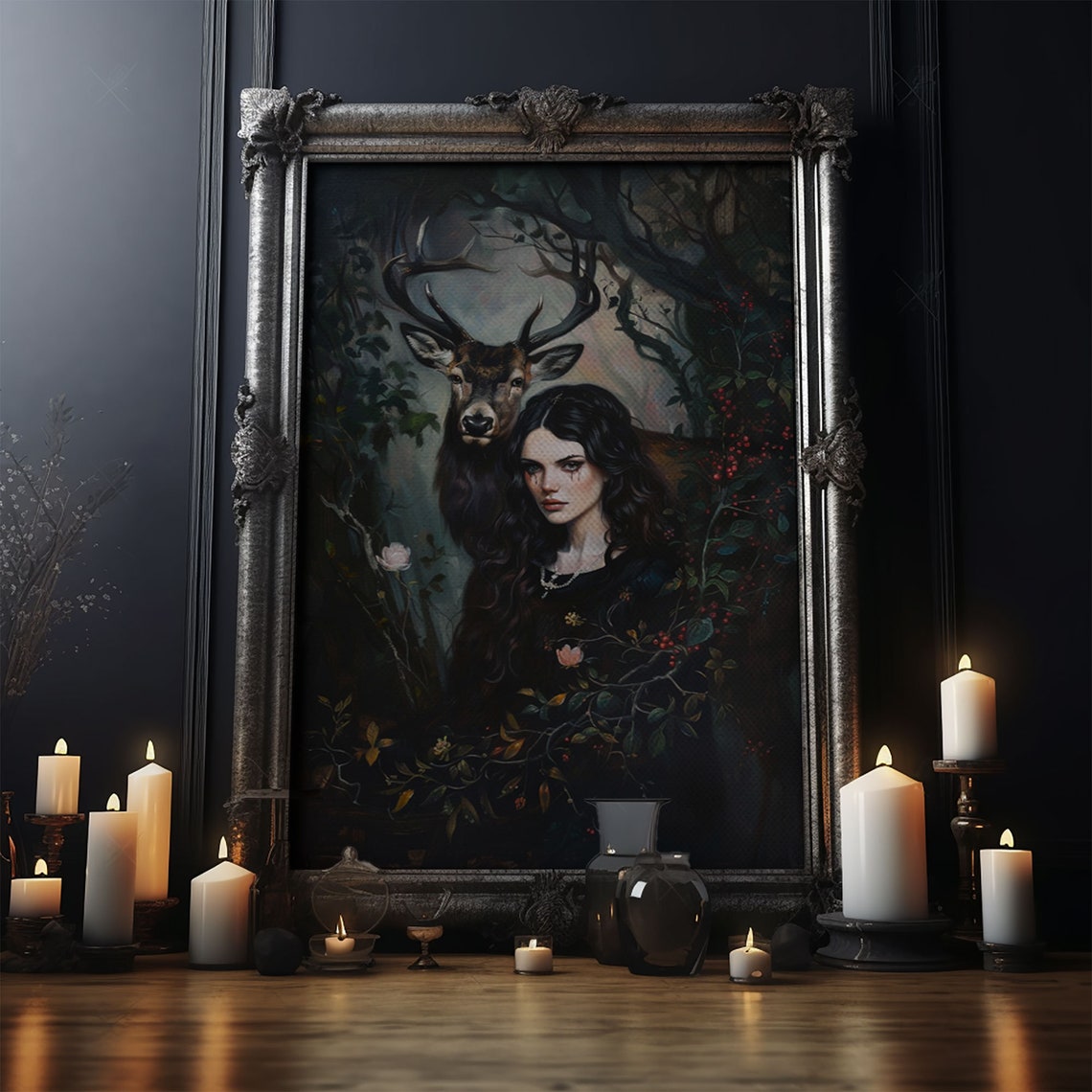 Mystical Woman With Stag In Enchanted Dark Forest Gothic Art Poster - Image 5