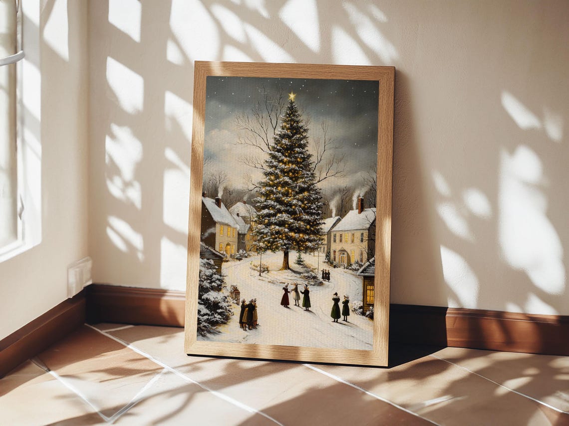 Snowy Christmas Village With Lit Tree Night Scene Holiday Art Poster