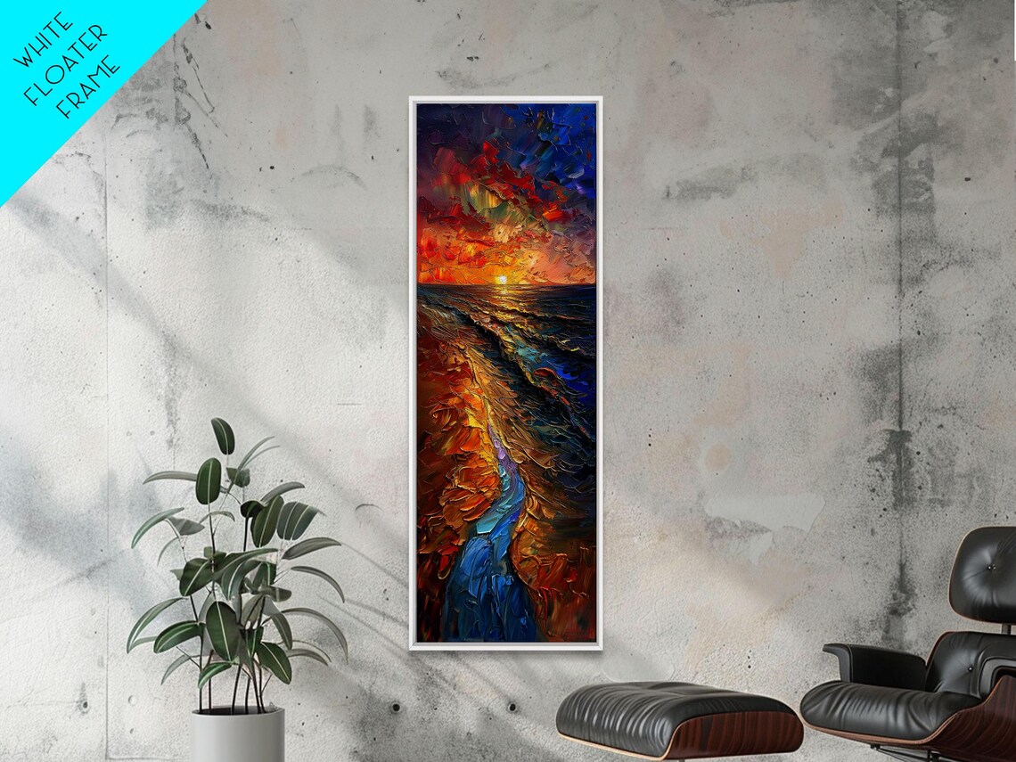 Ocean Sunset Impasto Painting Golden Purple Waves Sky Tall Poster - Image 2