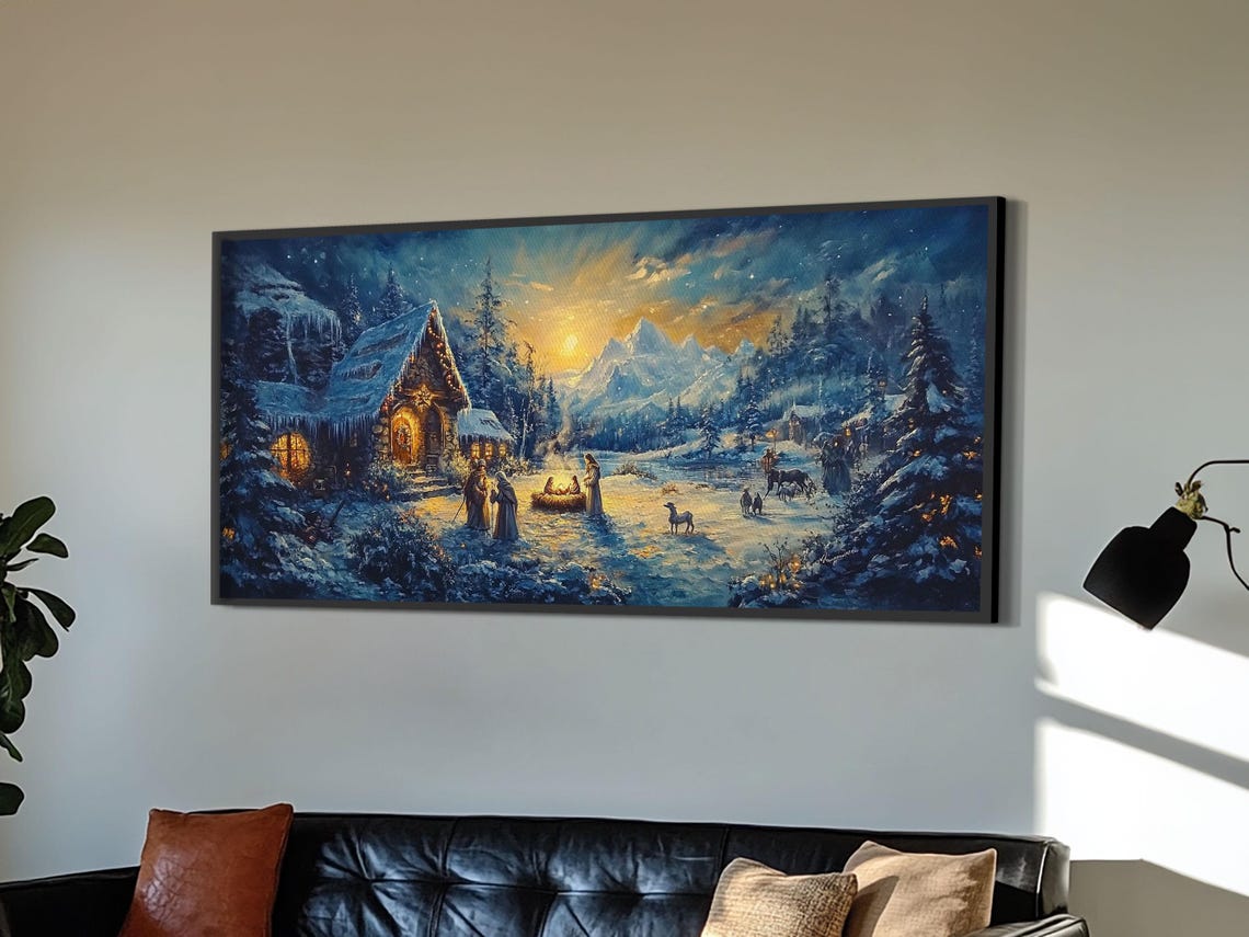 Christmas Nativity Scene Snowy Night Chapel Mountains Starry Art Print - Image 5
