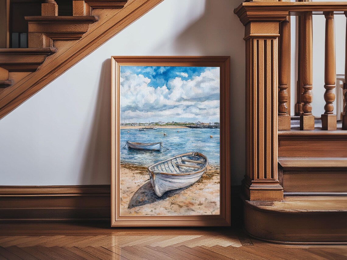 Wooden Rowboats On Shore Watercolor Coastal Beach Nautical Scene Poster - Image 4