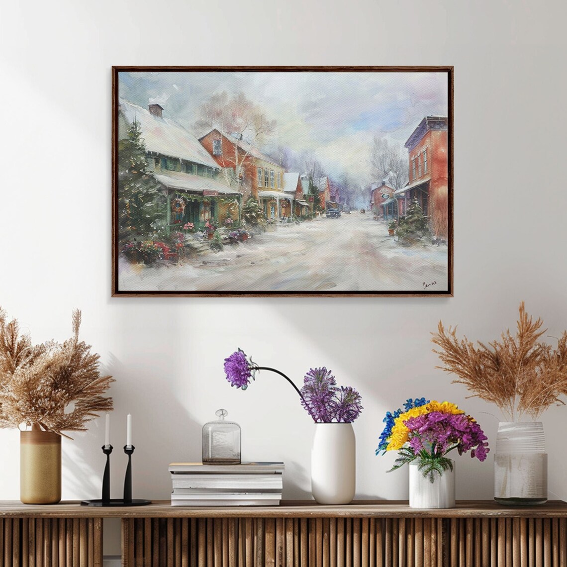 Small Town Christmas Main Street Snowy Shops Holiday Painting Wall Art - Image 4