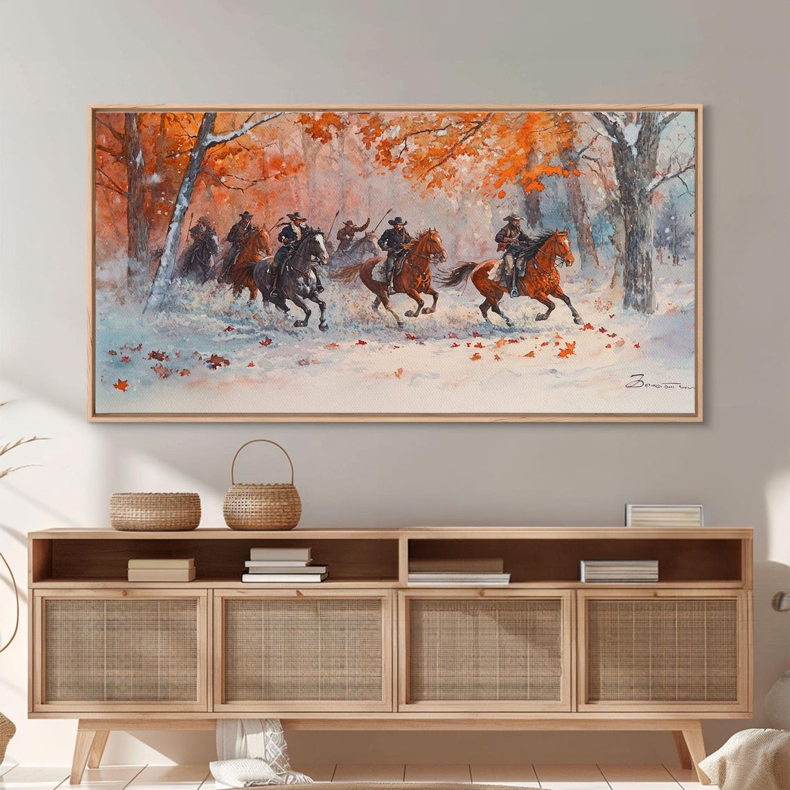Cowboys Galloping Through Snowy Autumn Forest Storm Art Print - Image 4