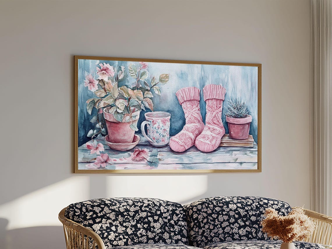Pink Knitted Socks Potted Plants Tea Mug Cozy Cottage Wall Poster - Image 4