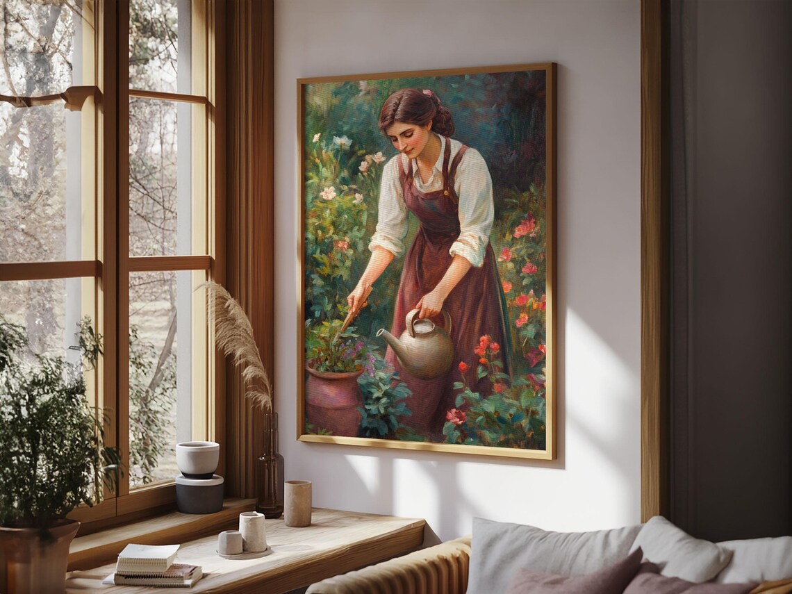 Woman Watering Flowers In Lush Garden Vintage Oil Painting Wall Art - Image 2