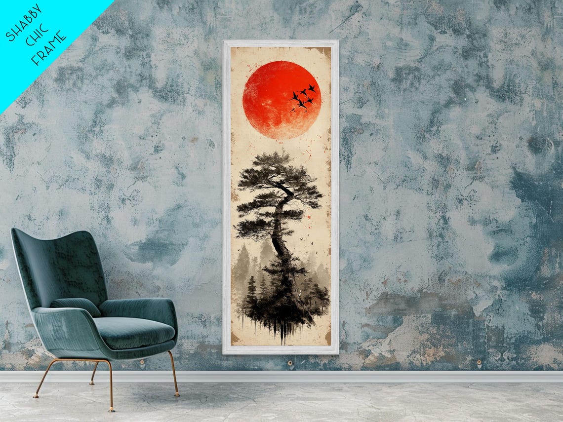 Bold Red Sun Pine Tree Framed Print Japanese Inspired Minimalist Wall Art Rustic Zen Decor Unique Vertical Nature Artwork - Image 5