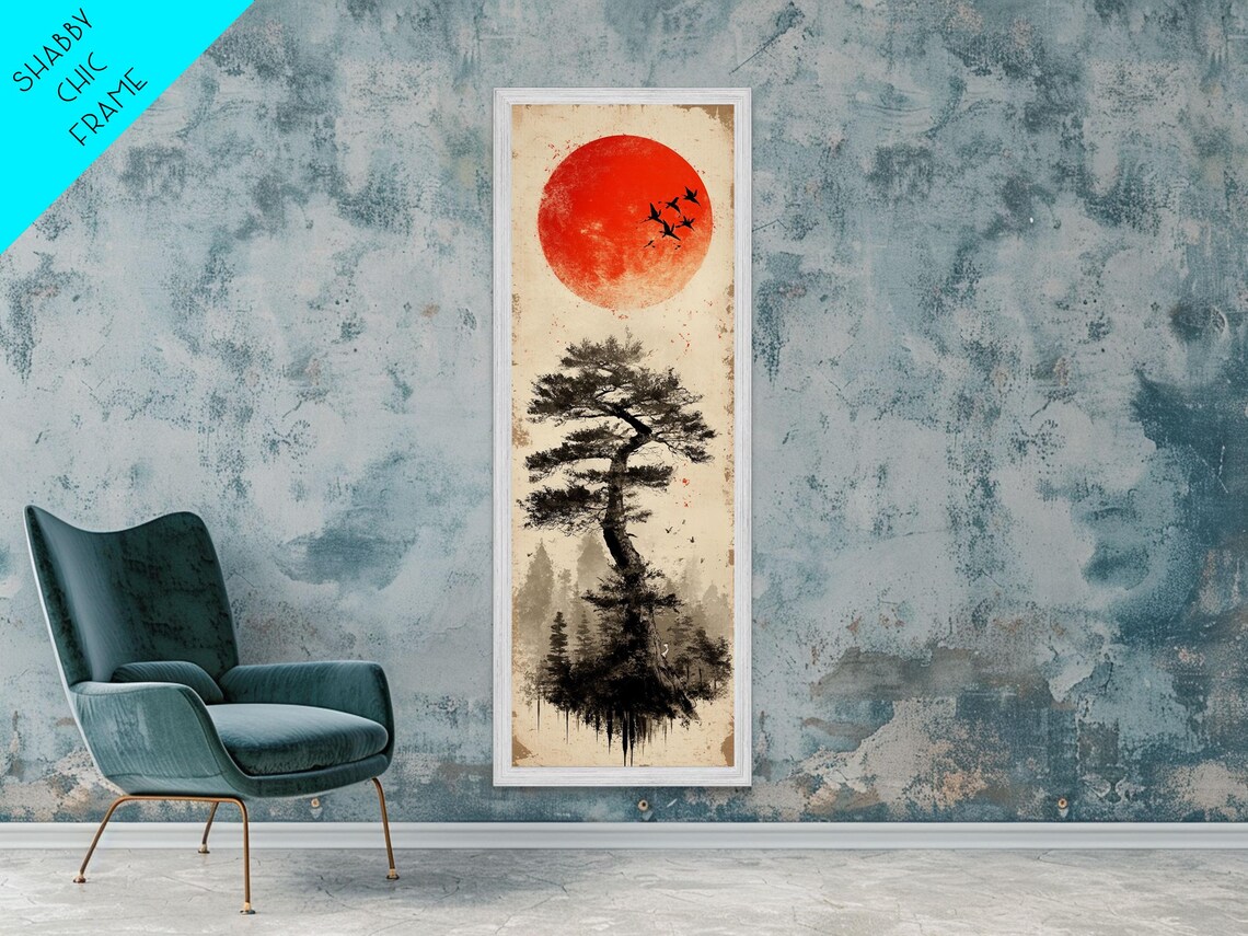 Japanese Red Sun Ink Pine Tree Birds Zen Minimalist Rustic Vertical Poster - Image 5