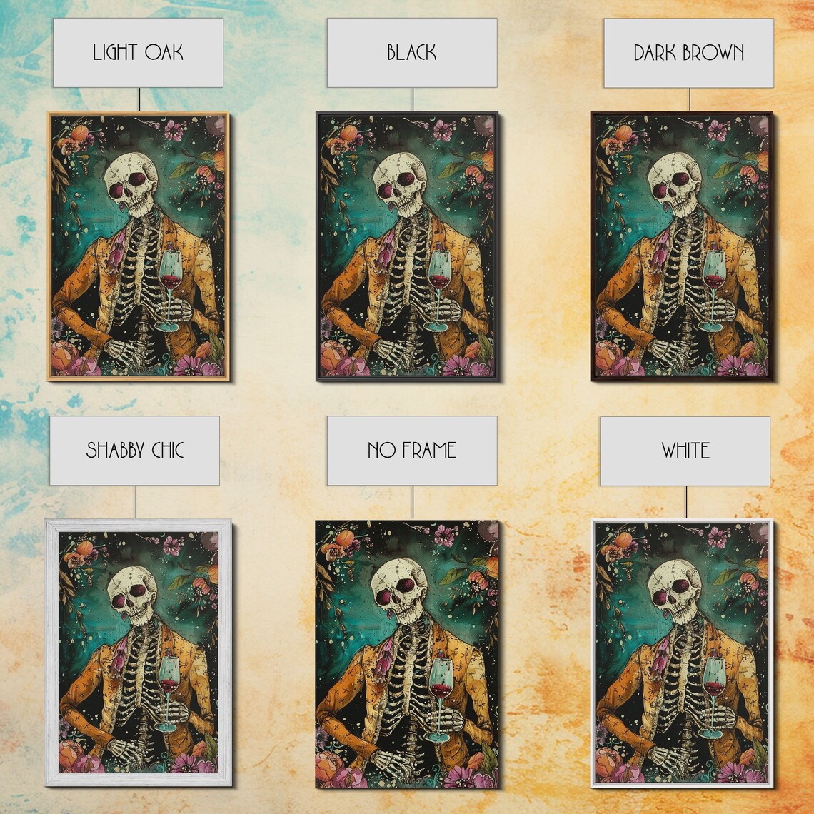 Colorful Day Of Dead Skeleton Gentleman Wine Glass Art Poster - Image 2