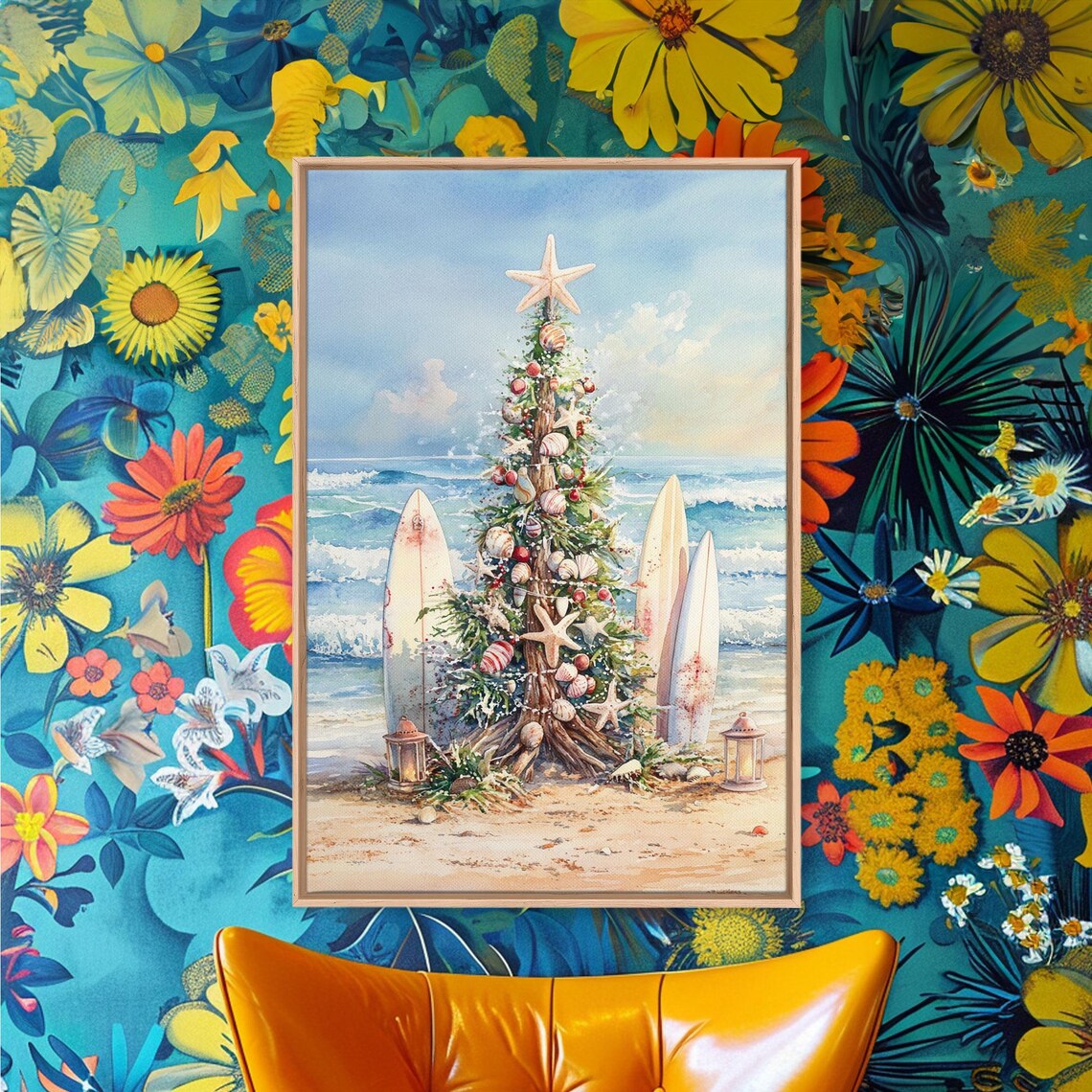 Coastal Christmas Tree With Surfboards Art Print - Image 3