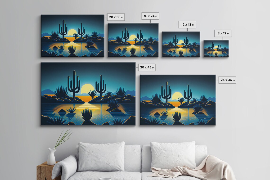 Retro Art Deco Pueblo Desert Landscape, Full Moon Art Print - Image 2