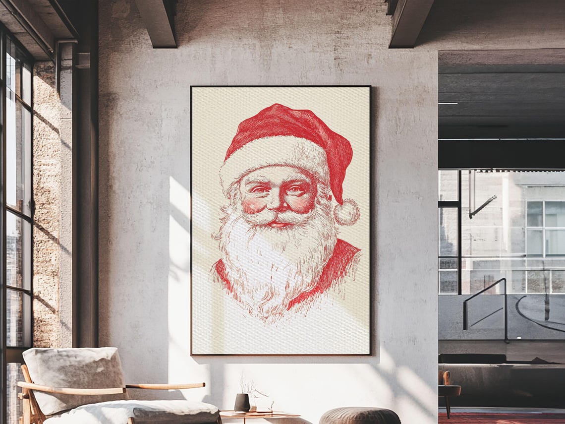 Retro Santa Claus Portrait Red Line Art Christmas Holiday Wall Poster - Image 2