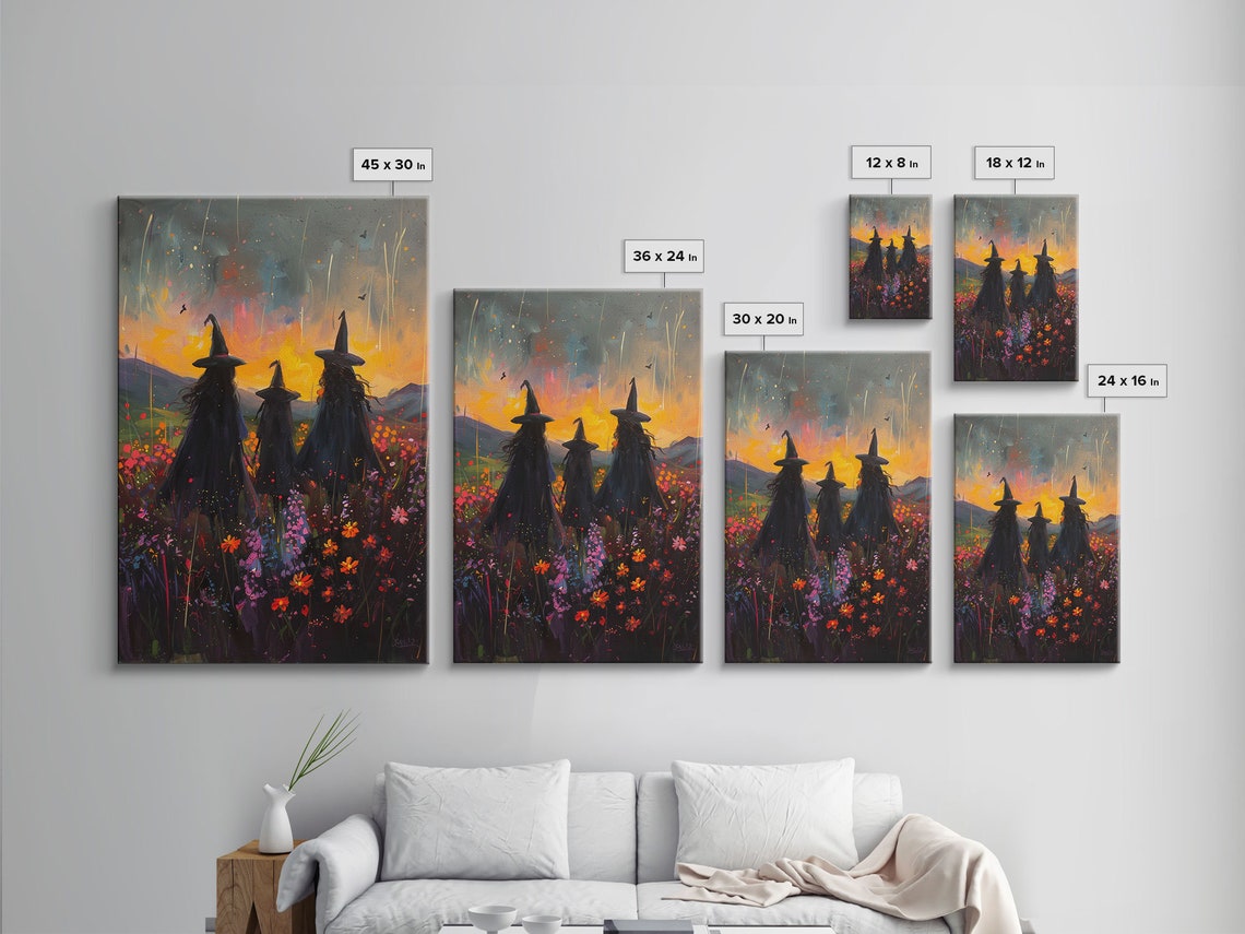 Three Witches Sunset Silhouettes Wildflower Field Painterly Poster - Image 2