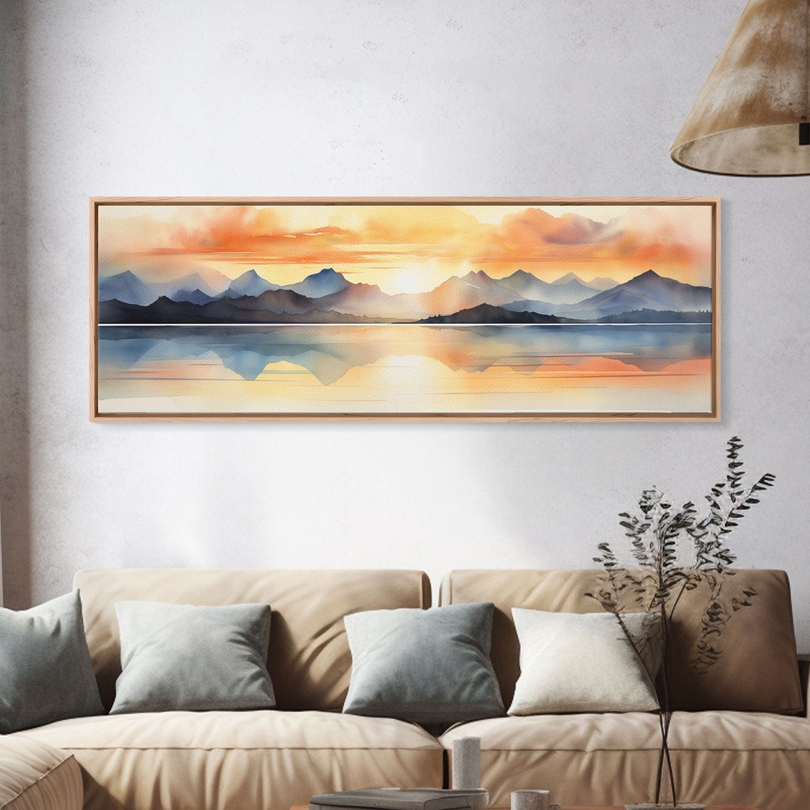 Mountain Lake Sunset Watercolor Blue Peaks Golden Reflection Print - Image 4