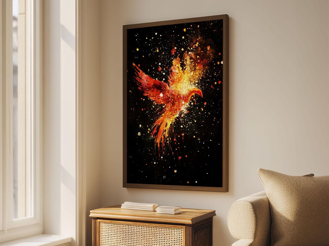 Phoenix Rising From Flames And Sparks On Black Fantasy Print - Image 5