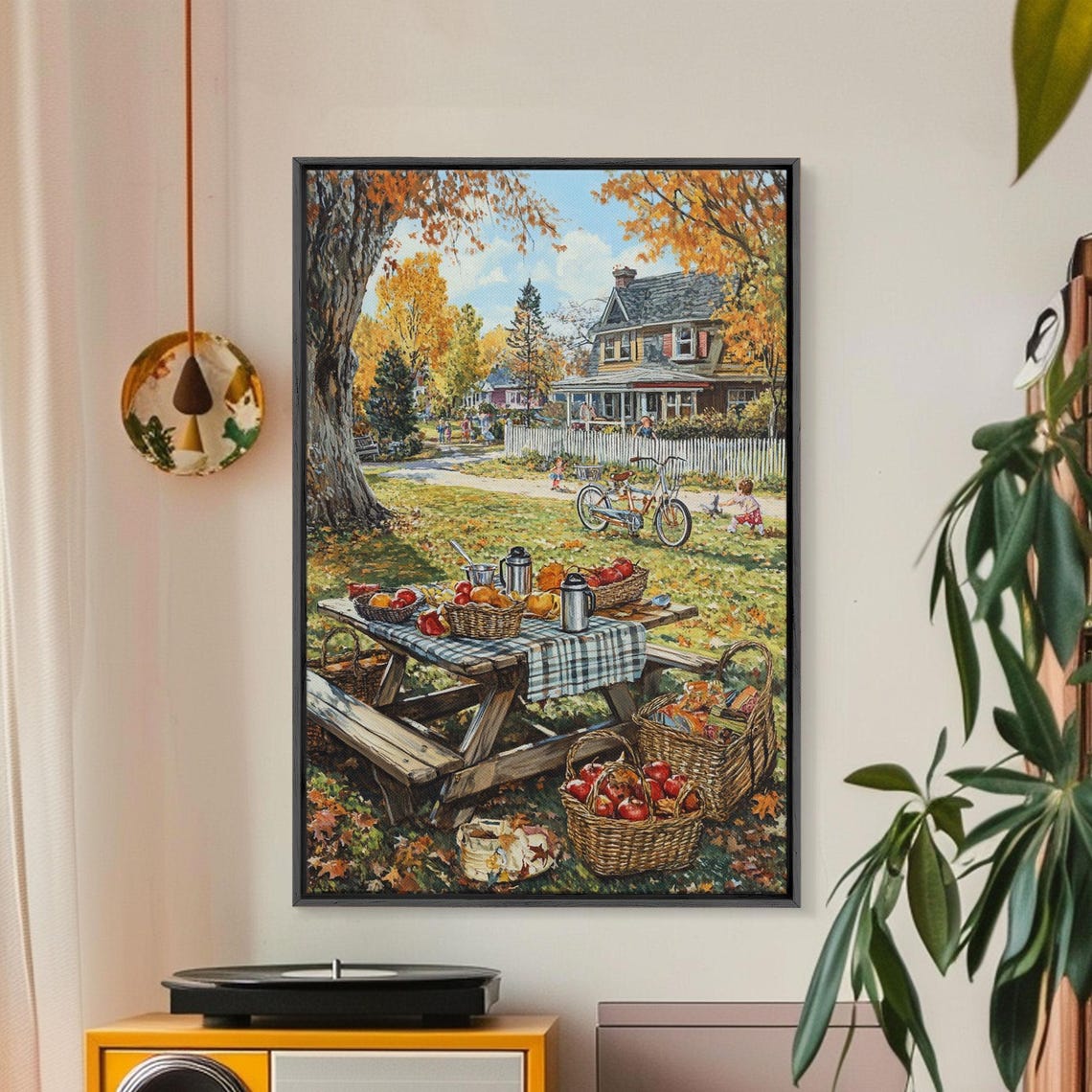 Autumn Picnic Table With Apple Baskets In Fall Yard Scene Poster