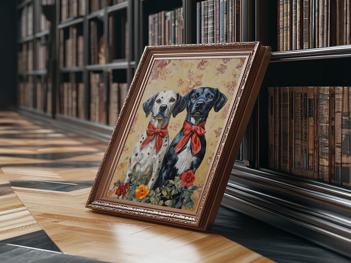 Two Dogs With Red Bows Floral Background Vintage Pet Portrait Poster - Image 5
