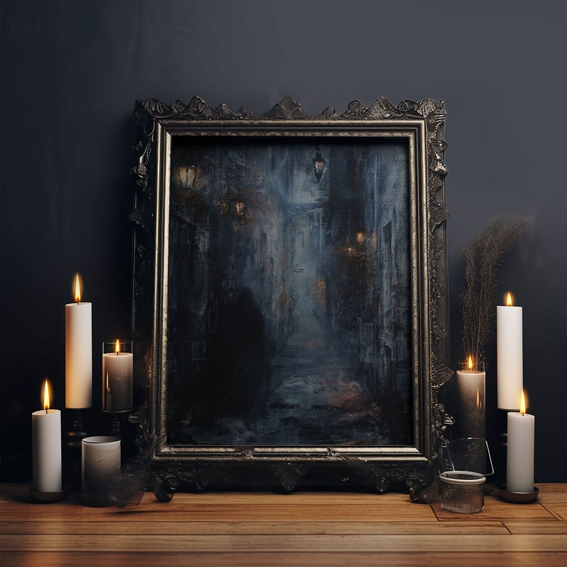 Shadowy Night Alley Lamp Lit Misty Victorian Street Halloween Poster - Image 6
