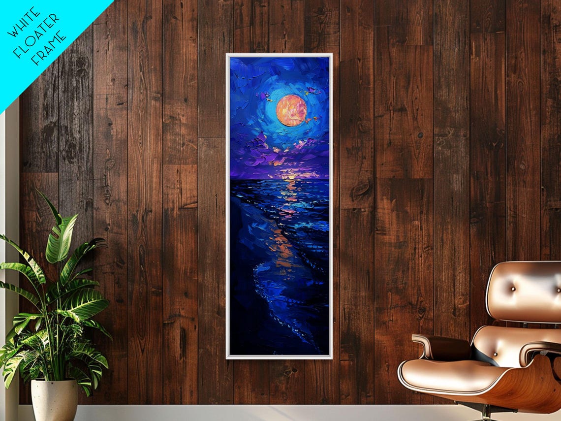 Full Moon Night Ocean Deep Blue Waves Starry Sky Painting Poster - Image 3