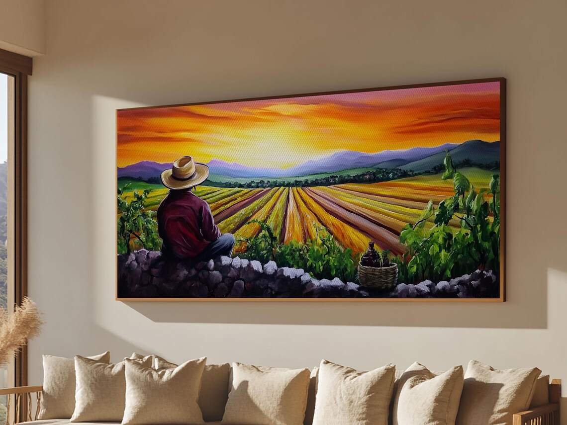 Farmer Straw Hat Overlooking Vineyard Rows Sunset Mexican Harvest Poster - Image 5