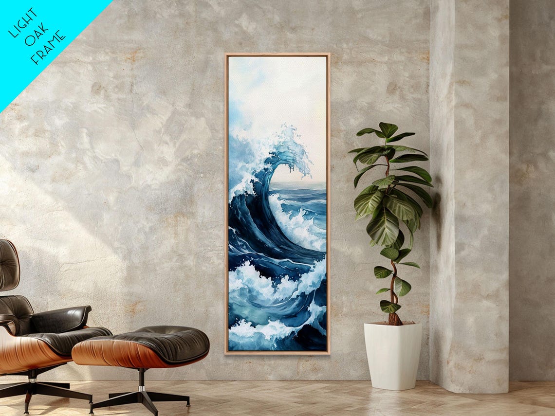Towering Navy Ocean Wave White Foam Watercolor Coastal Wall Poster - Image 4
