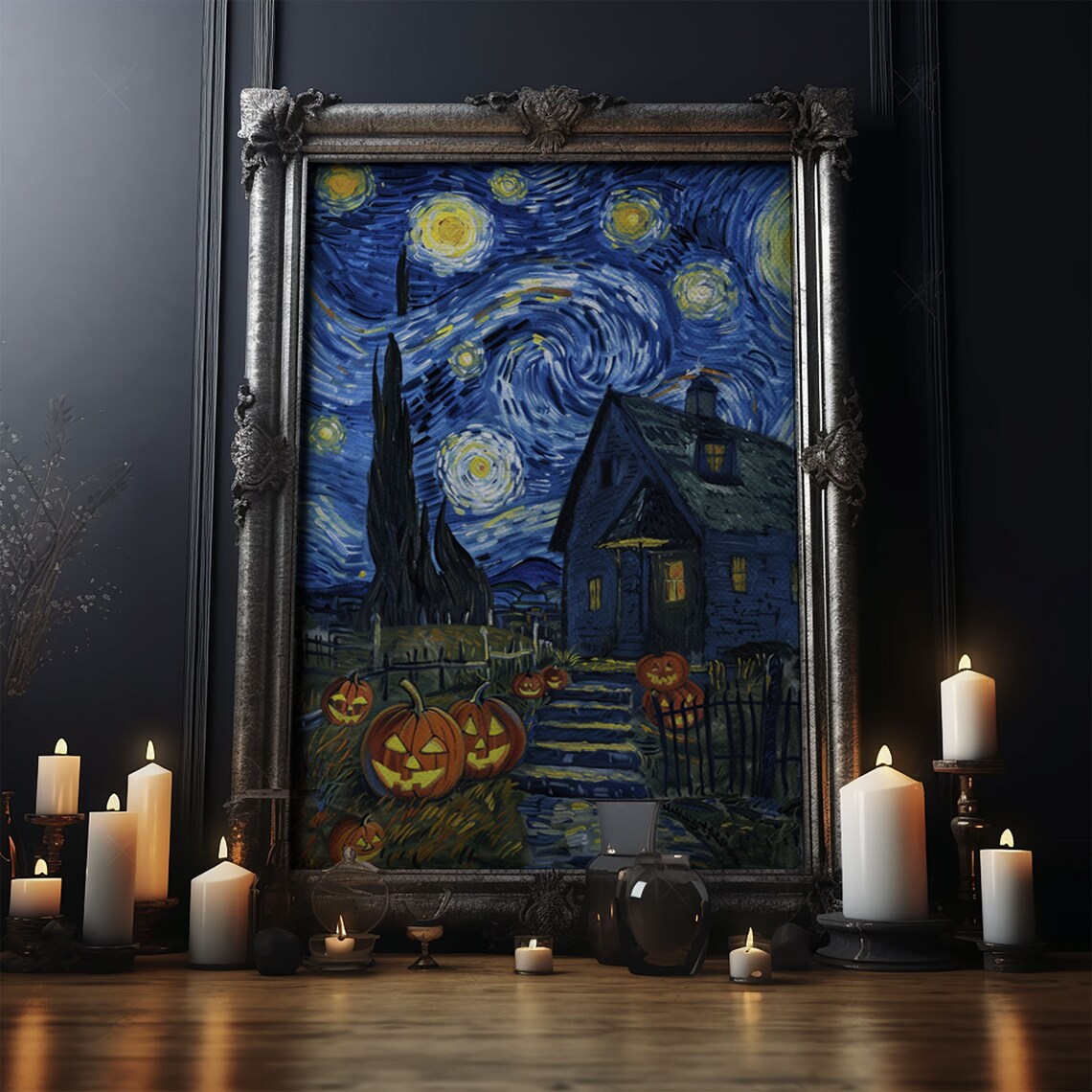 Starry Night Jack O Lanterns Spooky Cottage Halloween Art Poster - Image 4