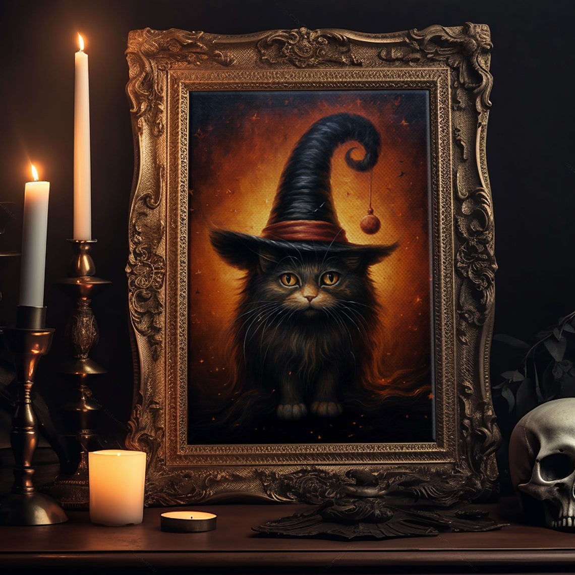 Black Cat Familiar In Tall Witch Hat Fiery Orange Halloween Print - Image 6