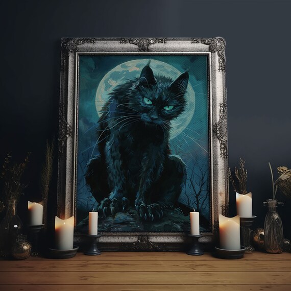 Black Cat With Green Eyes Against Full Moon Spooky Halloween Print