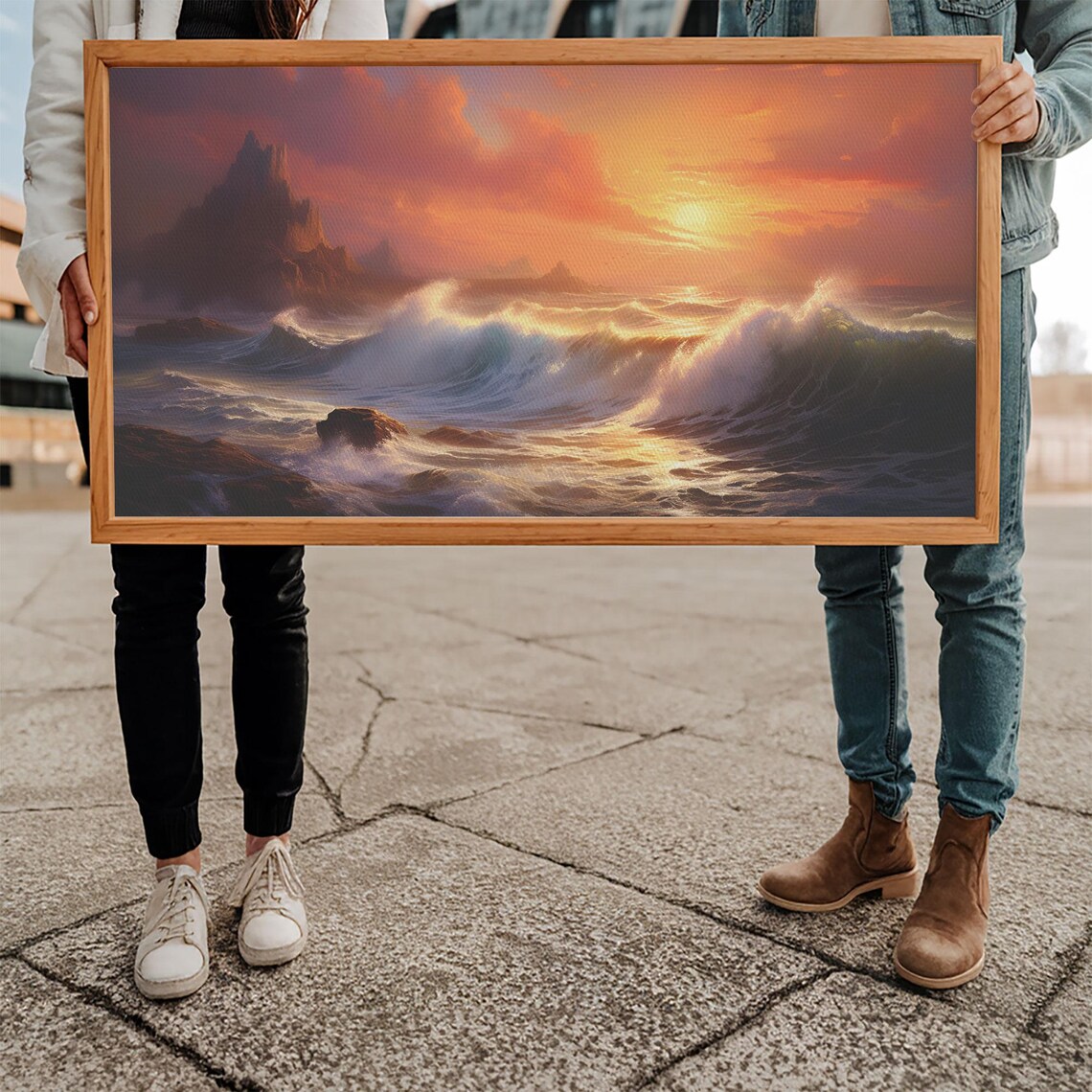 Dramatic Ocean Sunset Cliffs Crashing Waves Seascape Painting Wall Poster - Image 5