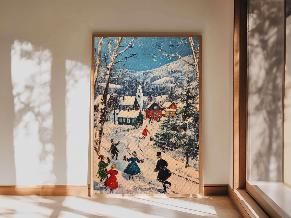 Ice Skaters Snowy Christmas Village Mountain Street Vintage Art Poster - Image 4
