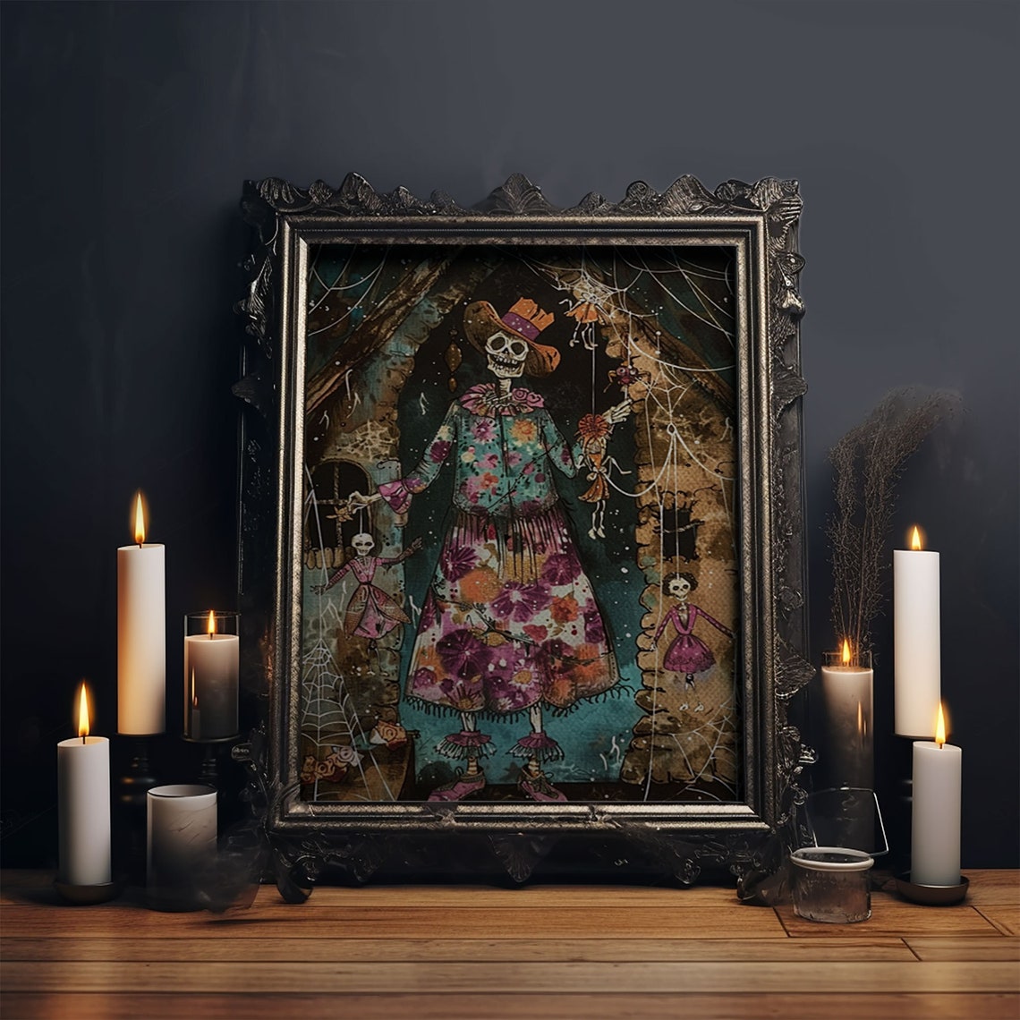 Skeleton Floral Dress Spider Webs Hanging Dolls Halloween Art Poster - Image 5