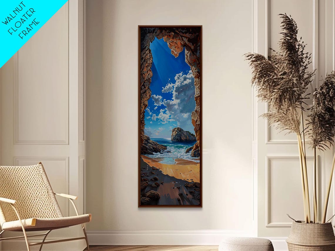 Sunlit Beach Rocky Cliff Archway Crystal Blue Sea Dramatic View Poster - Image 2