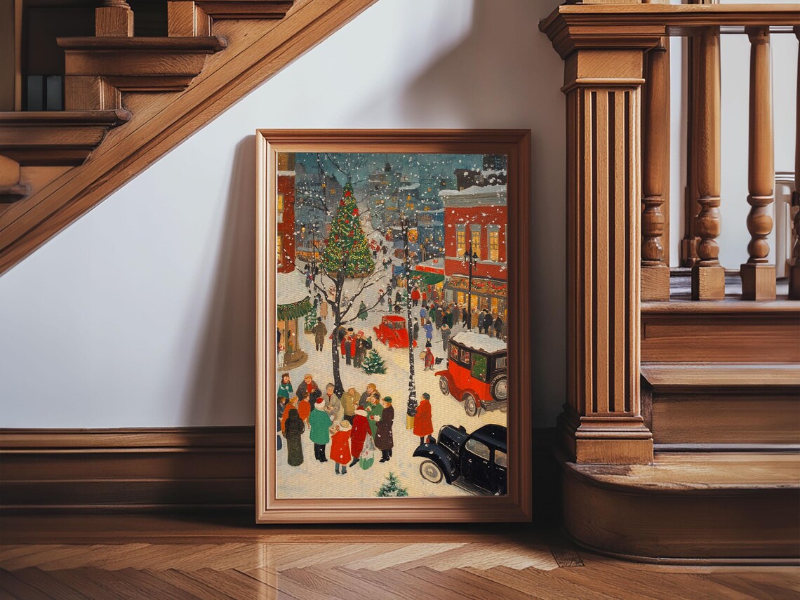 Vintage Christmas Shoppers Street Crowd Snow Retro Painting Poster - Image 5