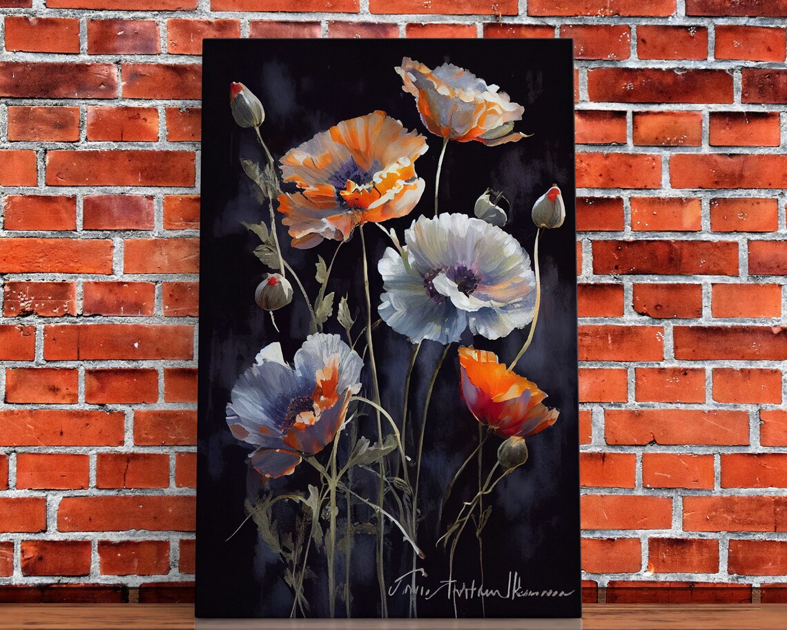 Orange White Poppy Flowers Moody Black Background Floral Oil Poster - Image 5