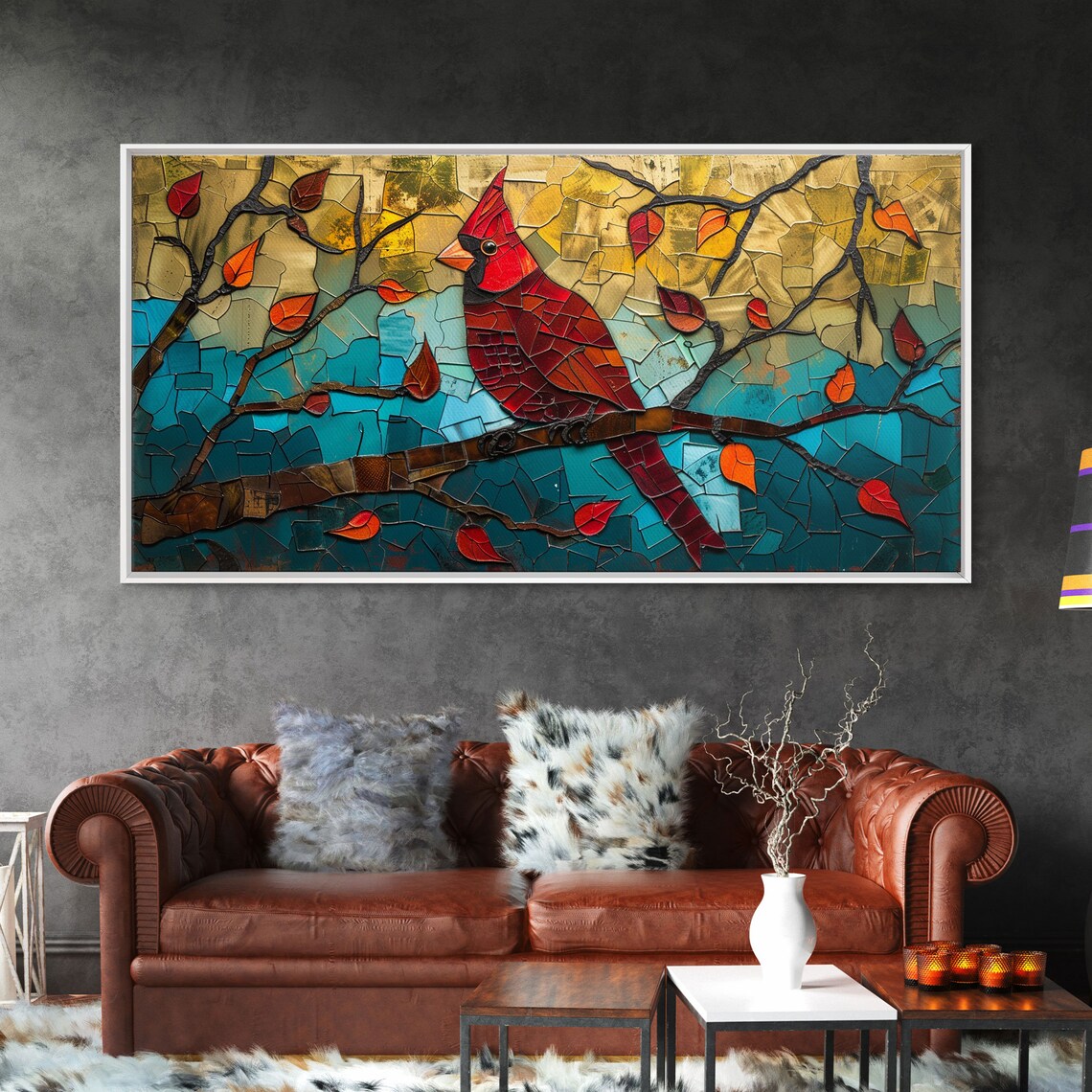 Stained Glass Cardinal Red Bird Autumn Branch Mosaic Art Poster - Image 6
