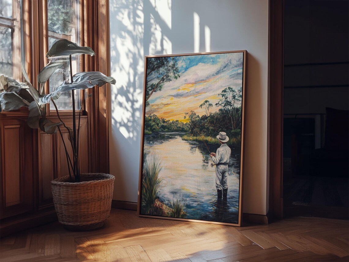 Fly Fisherman Sunset River Casting Line Outdoor Sportsman Oil Wall Art - Image 2