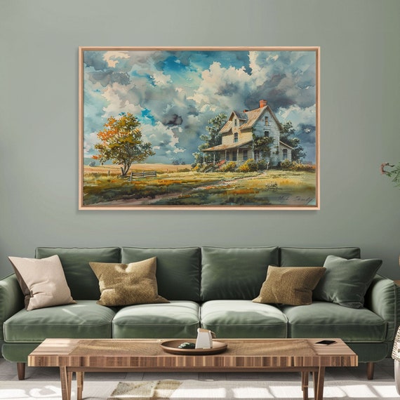 Beautiful Cottagecore Kitsch Framed Print Of An Old Farmhouse Watercolor Painting Custom Original Art Living Room Decor