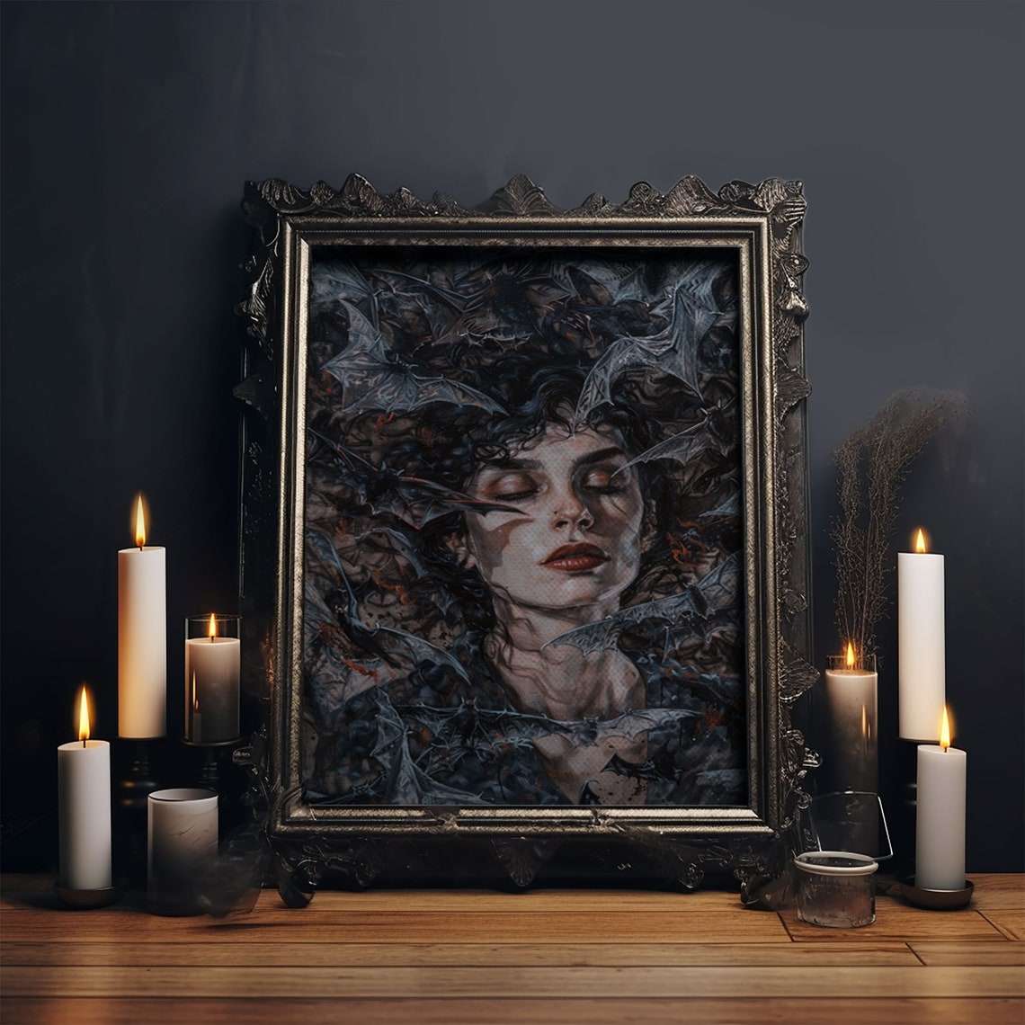 Dark Gothic Woman Surrounded By Bats Spooky Halloween Wall Art - Image 6