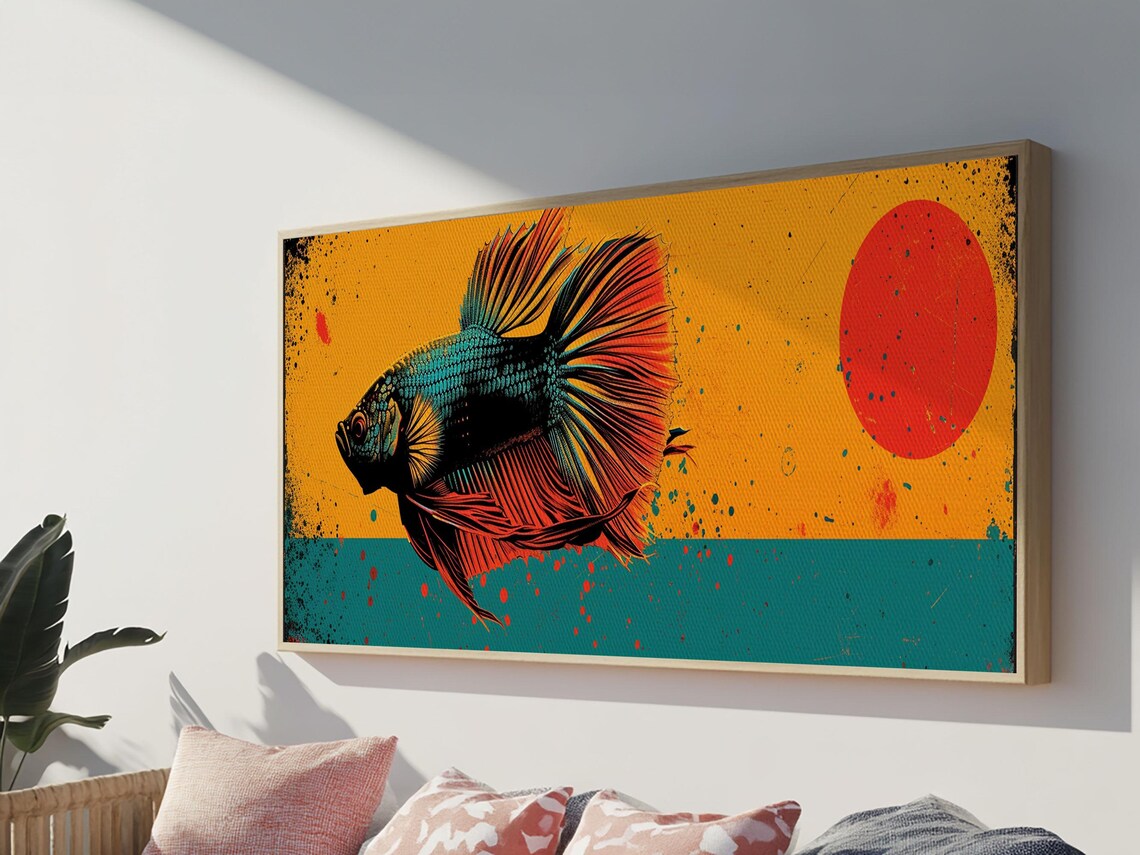 Retro 80s Style Painting Of A Betta Fish Framed Print Home Decor Gift Artwork Fish Painting Betta Fish Art