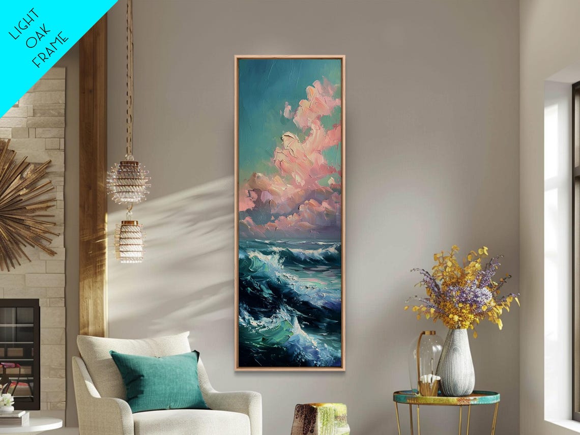 Textured Ocean Waves Pink Clouds Coastal Seascape Painting Poster - Image 4