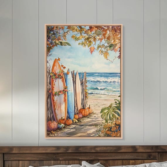 Surfboards In The Fall Surfer Thanksgiving Wall Art Framed Print Tropical Decor Beach Art