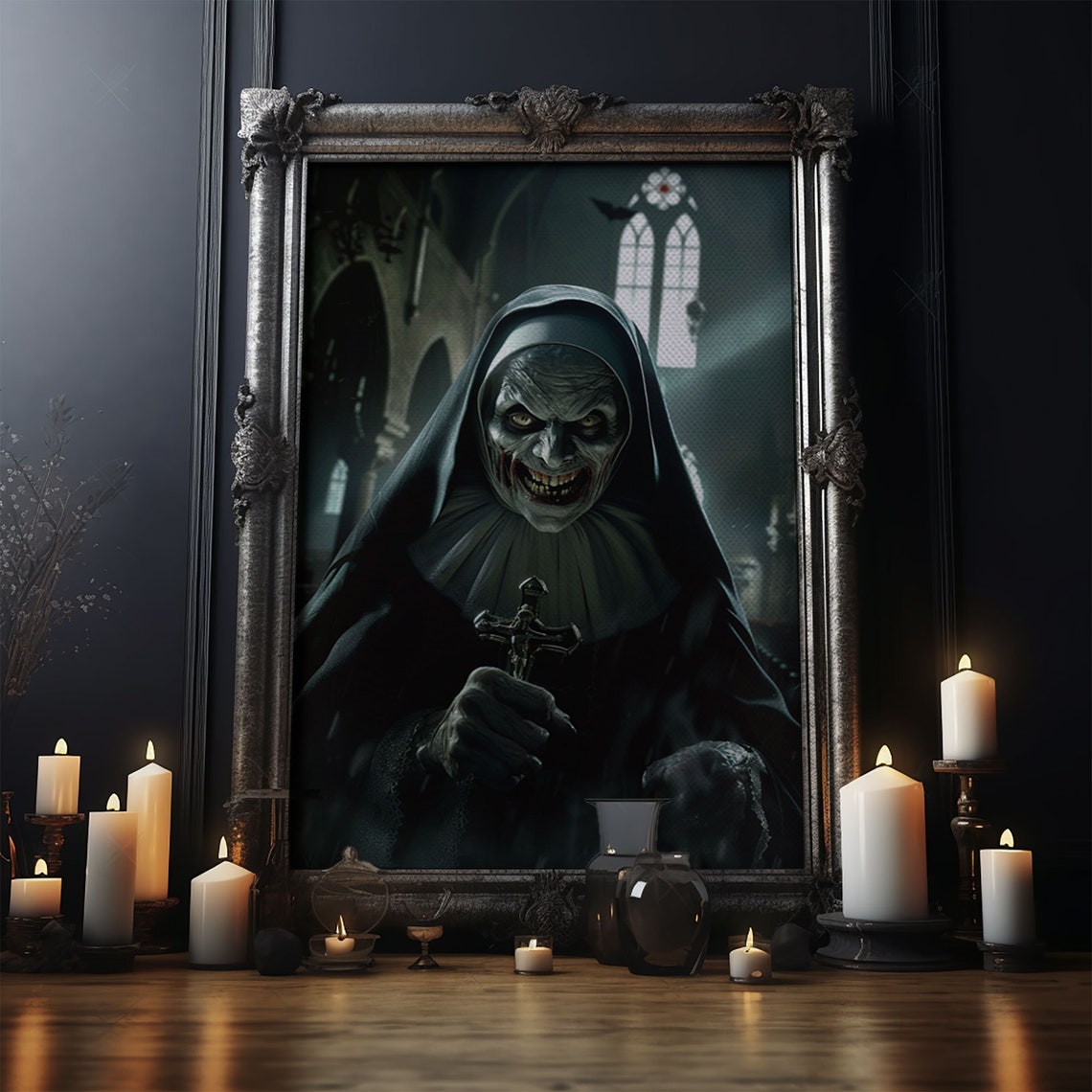 Sinister Grinning Nun With Crucifix In Haunted Church Horror Poster - Image 5