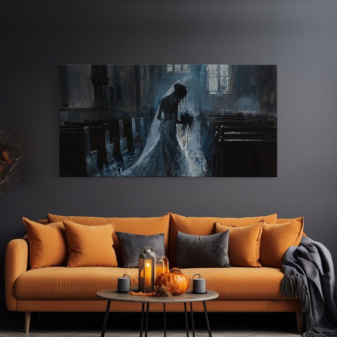 Ghostly Bride In Dark Church Aisle Dark Academia Oil Painting Poster - Image 3
