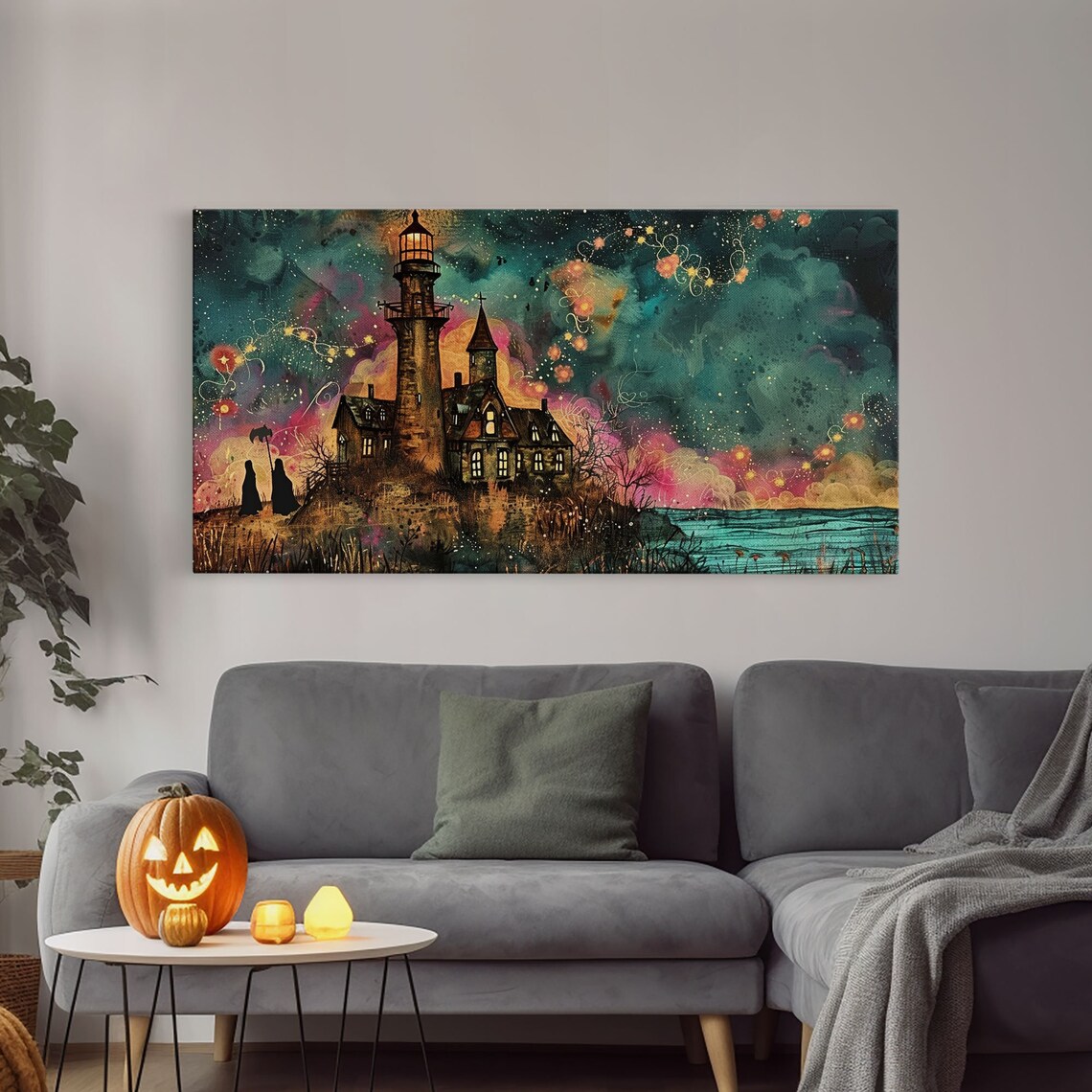 Haunted Lighthouse Seaside Cliff Colorful Starry Sky Midcentury Halloween Poster - Image 4