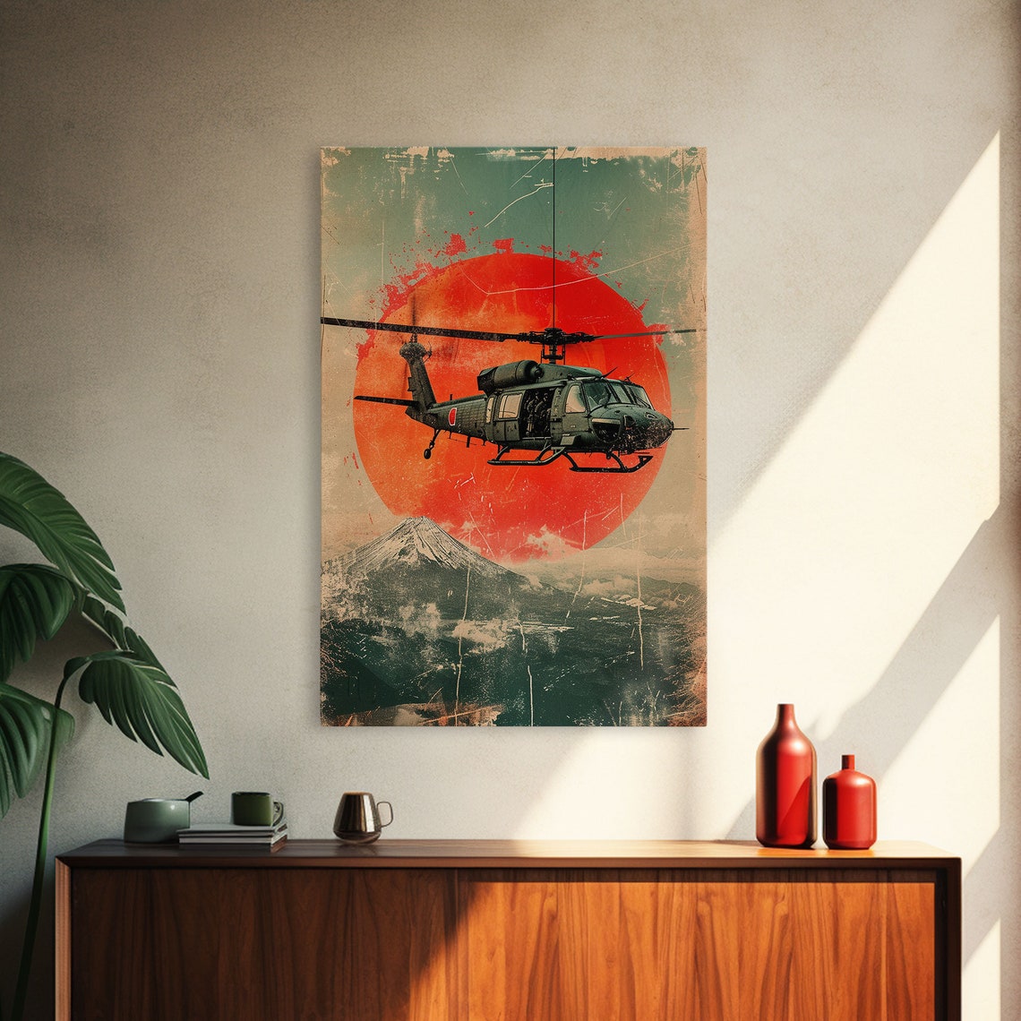 Vintage Huey Helicopter Rising Sun Volcano Retro Military Poster - Image 4