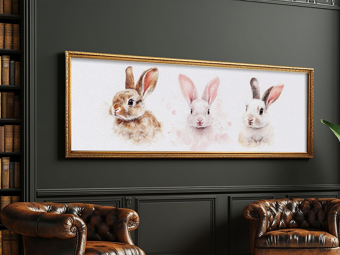 Trio Bunny Rabbits Watercolor Portrait Pink Gold Frame Panoramic Animal Poster