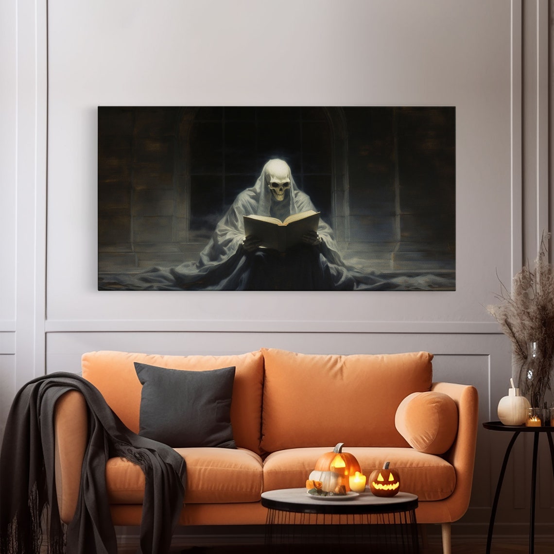 Grim Reaper Reading Book In Moonlit Library Gothic Panoramic Print